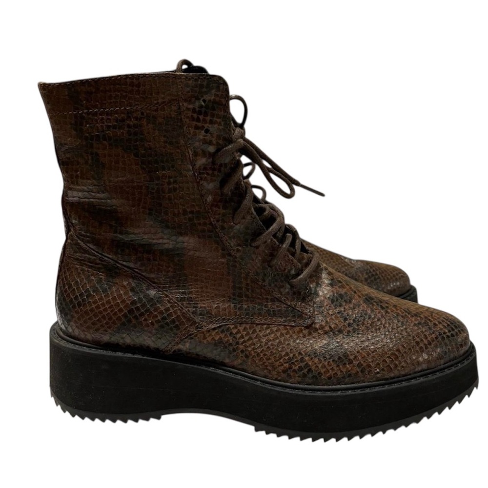 NEW NWT Rachel Comey Combat Brown and Black Leather Snake Print Halting Boots